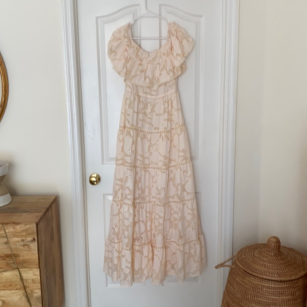 ABOVE THE CLOUDS OFF THE SHOULDER MAXI DRESS size small.